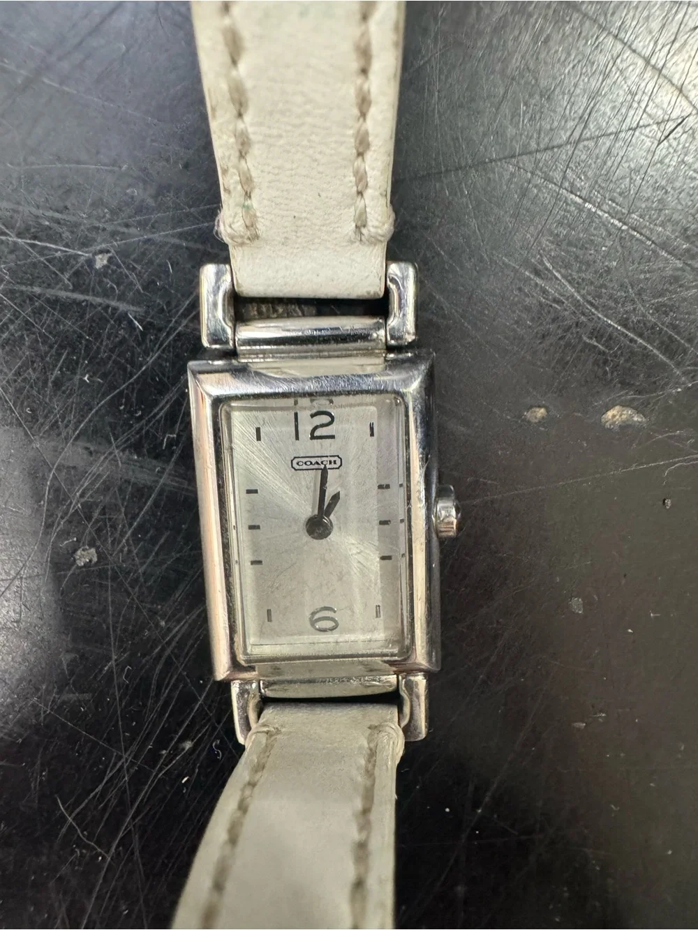 Coach White Silver Rectangular Madison Women's Watch with wrap band.
